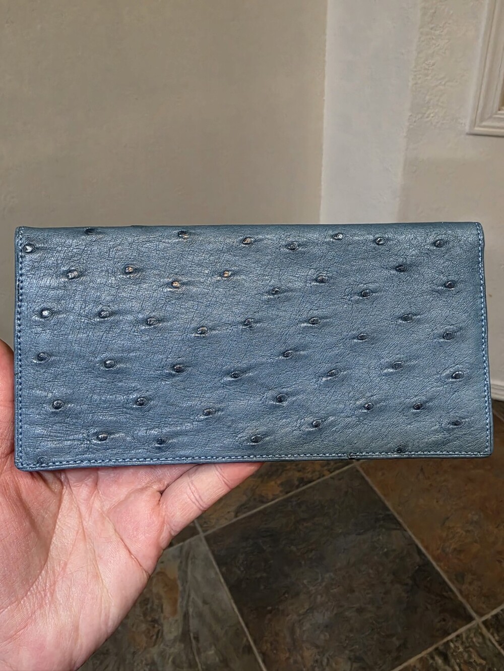 Vintage Michel Adolphe Paris Ostrich Leather Long Bifold Wallet in Slate Blue